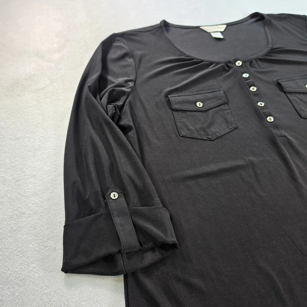 Christopher & Banks Womens XL Black 3/4 Roll Tab Sleeve Henley Blouse Knit Top